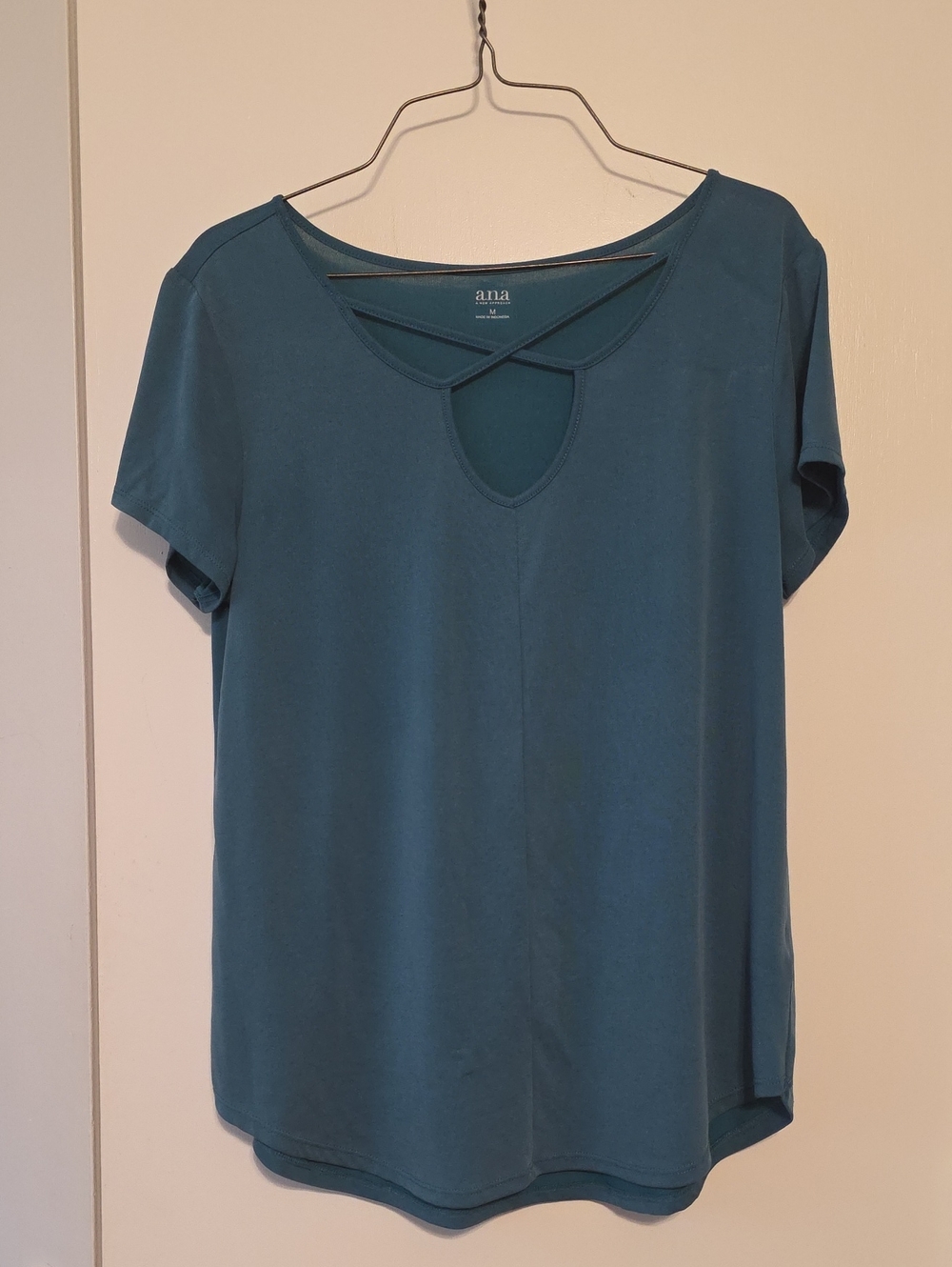 a.n.a Teal Short Sleeve Top with Crisscross Keyhole Neckline